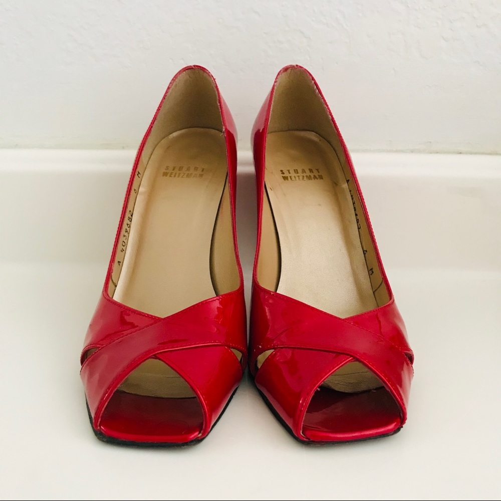 STUART WEITZMAN Patent Leather Peep Toe Red Heels - Picture 3 of 7